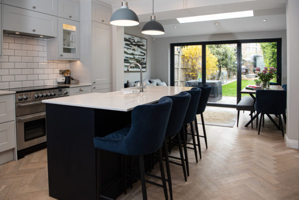 15042021Keble Street_022 Open plan kitchen with blue velvet bar stools