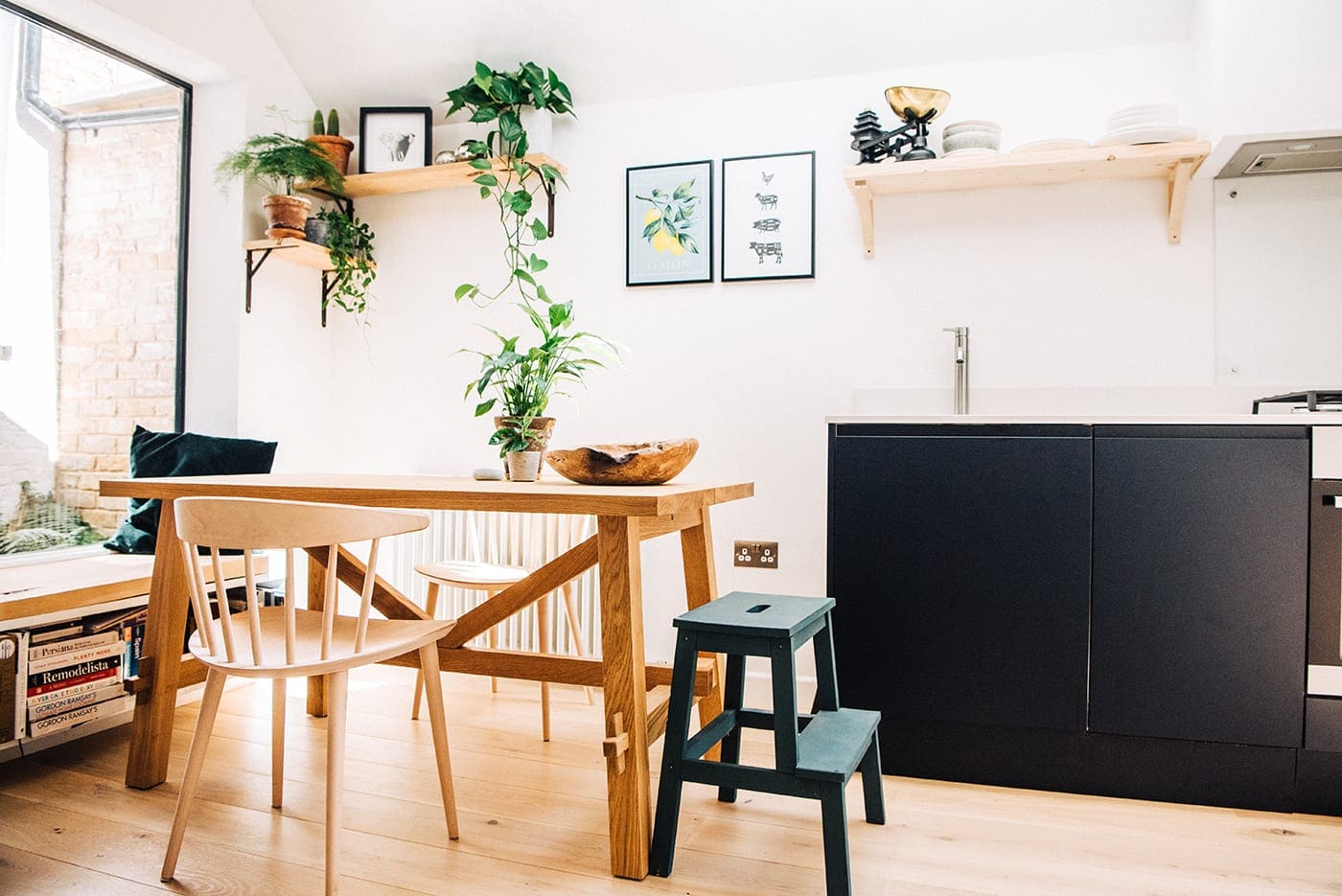 Wooden dining table with bench seats