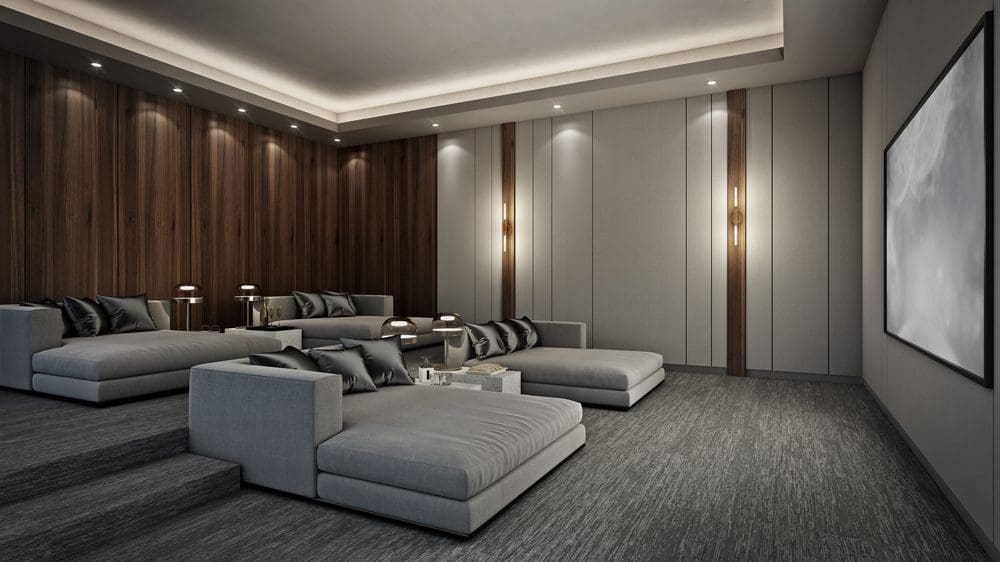 Sofa,Bed,In,Modern,Home,Theater,Room,,3d,Render cinema room basement conversion